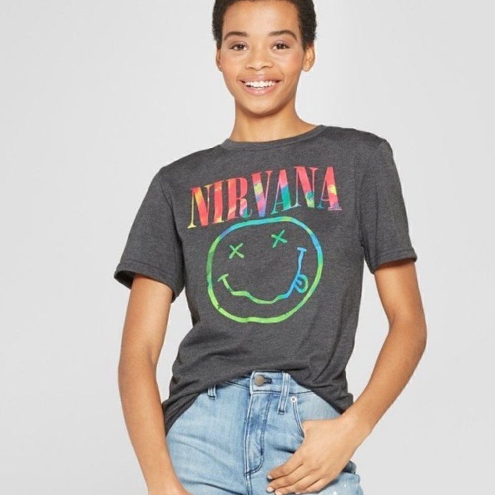 Nirvana Dark Grey Women's Short-Sleeve Neon Distressed Smiley Face Small
